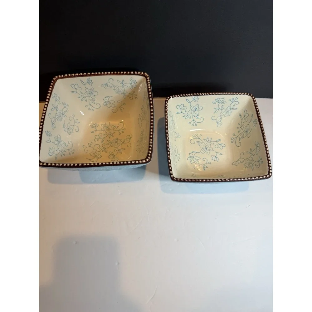 Temp-tations by Tara Floral Lace Blue Square Nesting Bowls Set 1 & 1.5 Qt